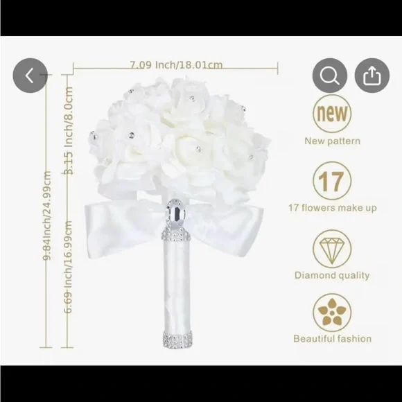 White Satin Bridal Bouquet with Crystal Accents - Picture 3 of 4